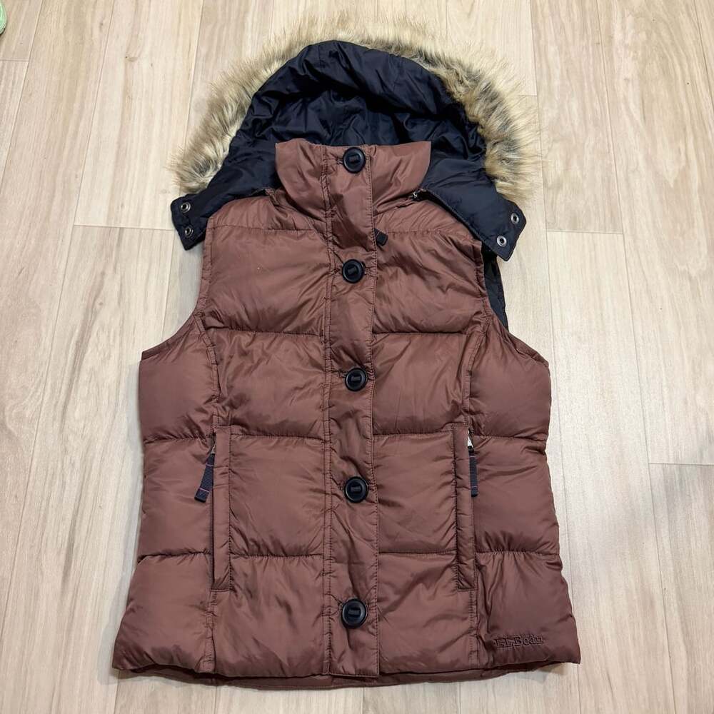 L.L.Bean Y2K Brown Goose Down Puffer Vest Faux Fur Hood Size XS